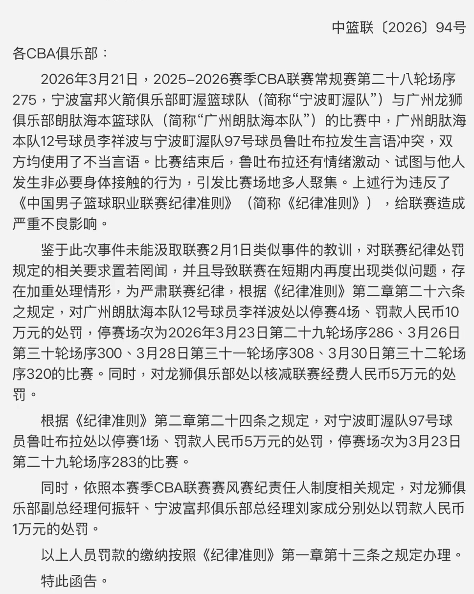 盛世棋牌-CBA重罚！李祥波因不当言论被禁赛4场，鲁吐布拉情绪激动被禁1场